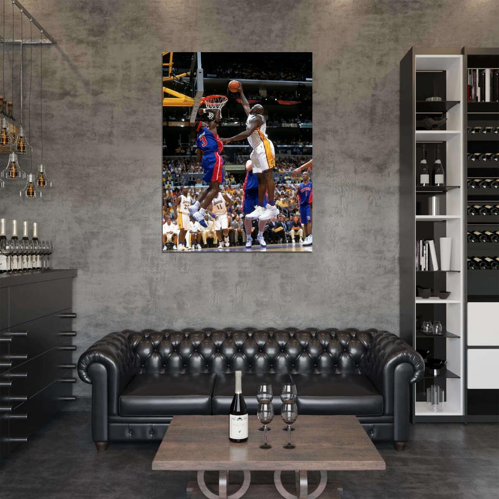 Ben Wallace vs Shaquille O'Neal Dunk Block Pistons Basketball Sport Wall Art Print Poster