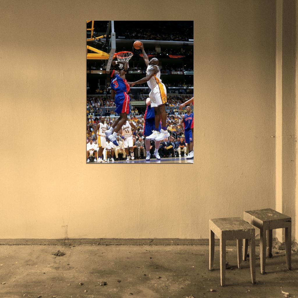 Ben Wallace vs Shaquille O'Neal Dunk Block Pistons Basketball Sport Wall Art Print Poster