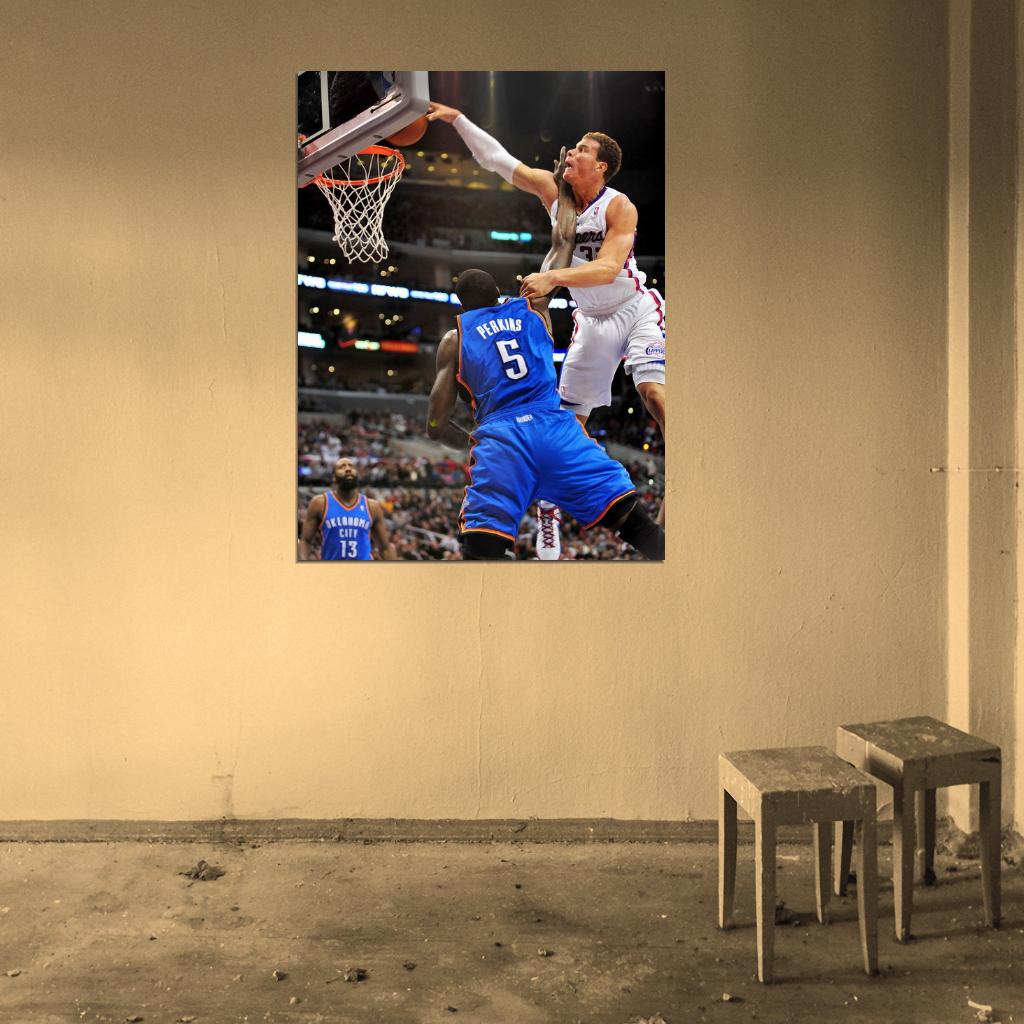 Blake Griffin Posterizes Kendrick Perkins Monster Dunk Basketball Sport Wall Art Print Poster