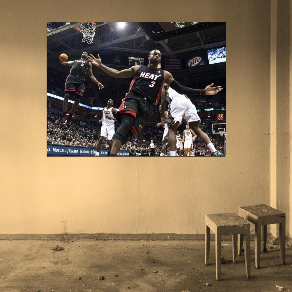 Lebron James Alley-Oop Dwyane Wade Dunk Basketball Sport Wall Art Print Poster