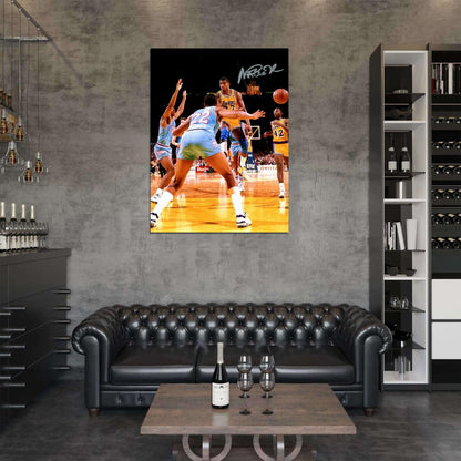 Earvin Magic Johnson Pass Signature Los Angeles Retro Vintage Basketball Sport Wall Art Print Poster