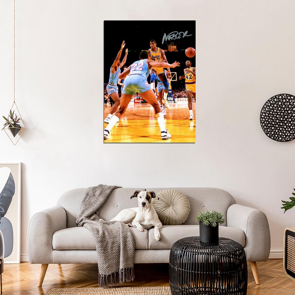 Earvin Magic Johnson Pass Signature Los Angeles Retro Vintage Basketball Sport Wall Art Print Poster