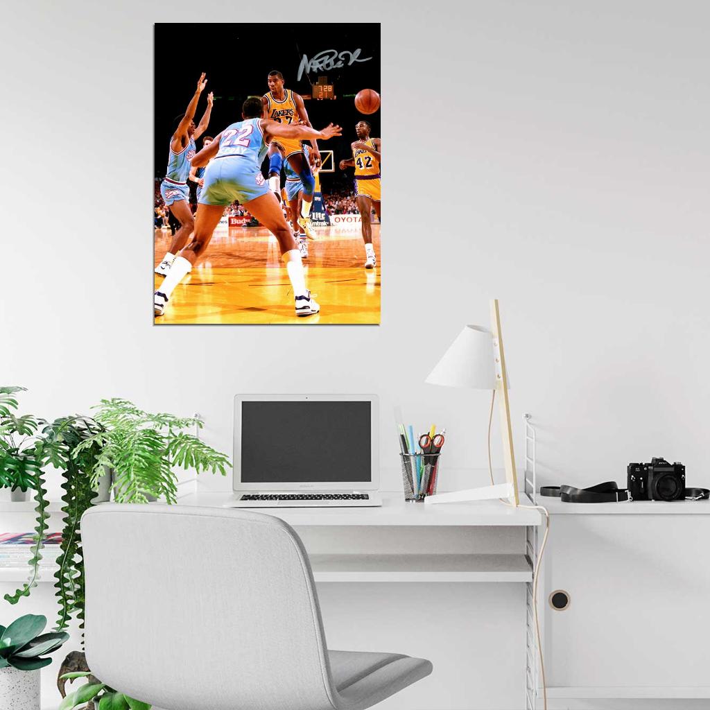 Earvin Magic Johnson Pass Signature Los Angeles Retro Vintage Basketball Sport Wall Art Print Poster