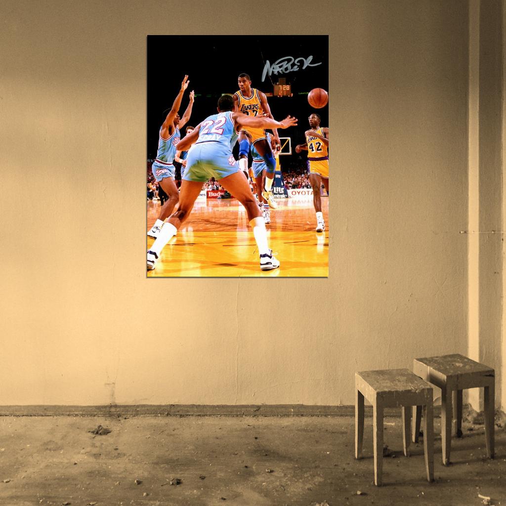 Earvin Magic Johnson Pass Signature Los Angeles Retro Vintage Basketball Sport Wall Art Print Poster