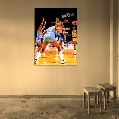 Earvin Magic Johnson Pass Signature Los Angeles Retro Vintage Basketball Sport Wall Art Print Poster