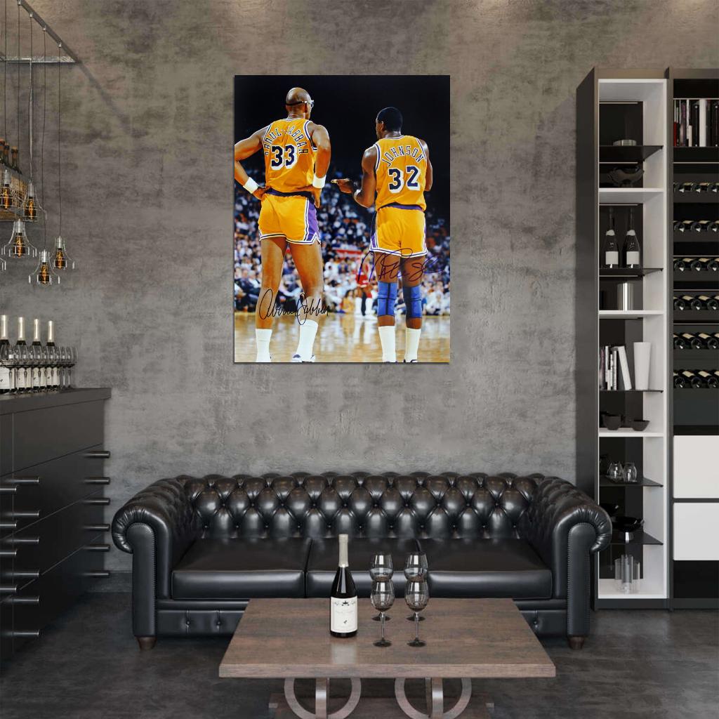 Magic Johnson and Kareem Abdul-Jabbar Signature Los Angeles Retro Vintage Classic Basketball Sport Wall Art Print Poster