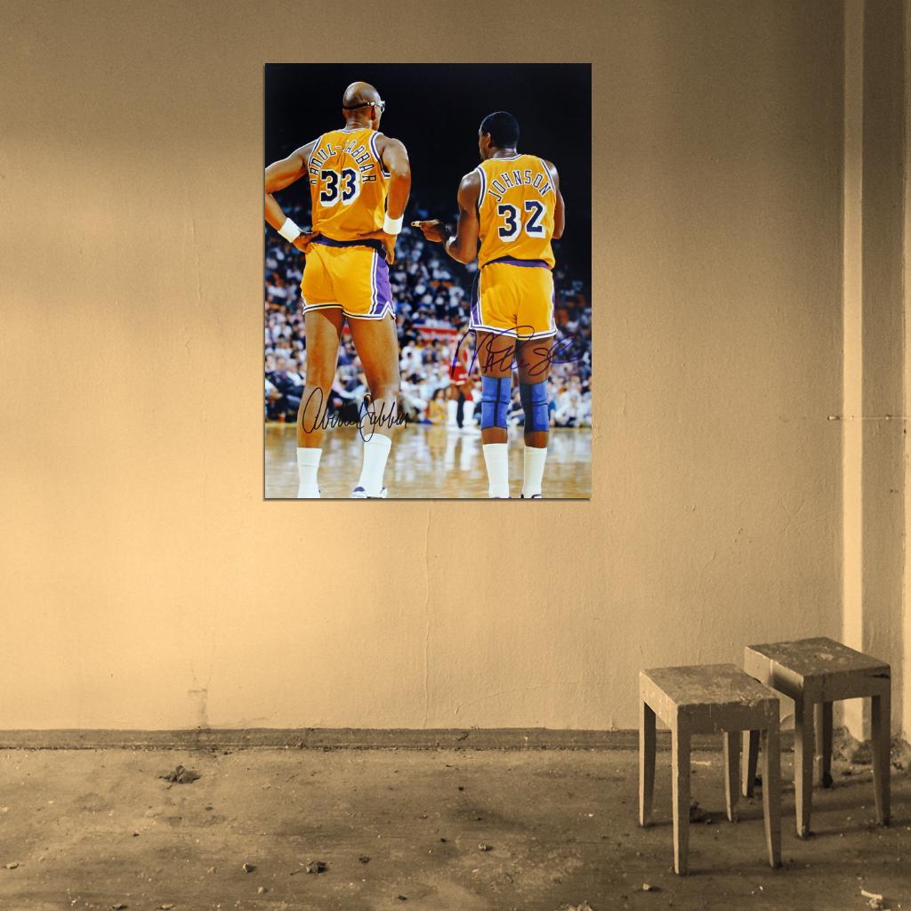 Magic Johnson and Kareem Abdul-Jabbar Signature Los Angeles Retro Vintage Classic Basketball Sport Wall Art Print Poster