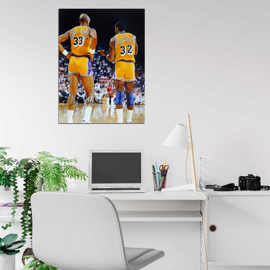 Magic Johnson and Kareem Abdul-Jabbar Signature Los Angeles Retro Vintage Classic Basketball Sport Wall Art Print Poster