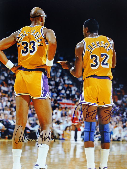 Magic Johnson and Kareem Abdul-Jabbar Signature Los Angeles Retro Vintage Classic Basketball Sport Wall Art Print Poster