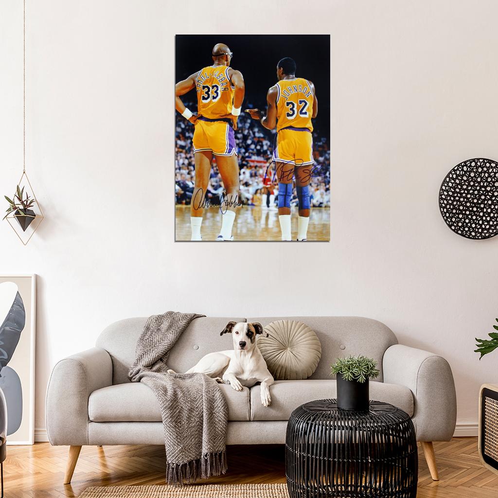 Magic Johnson and Kareem Abdul-Jabbar Signature Los Angeles Retro Vintage Classic Basketball Sport Wall Art Print Poster
