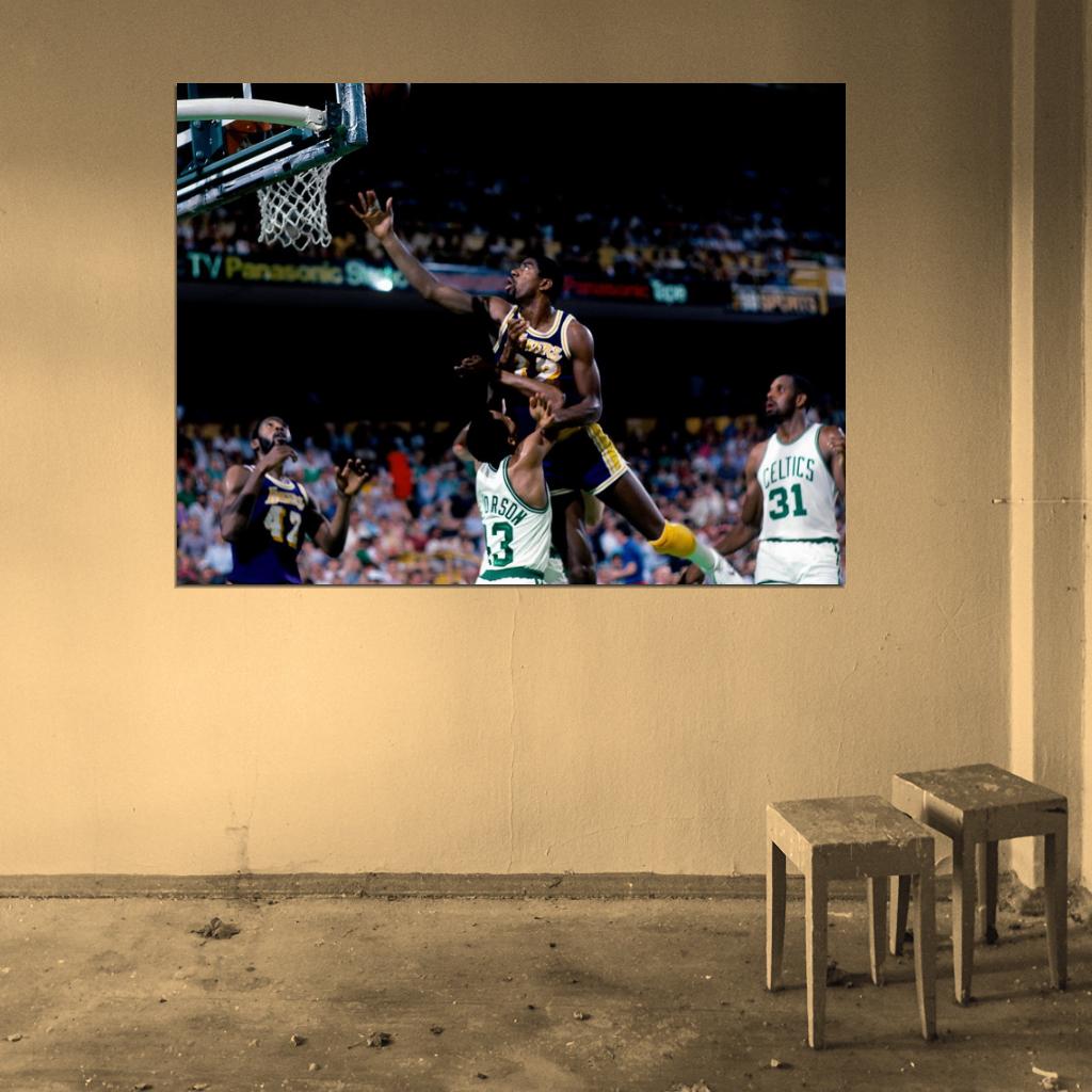 Magic Johnson Layup Los Angeles Retro Basketball Sport Wall Art Print Poster