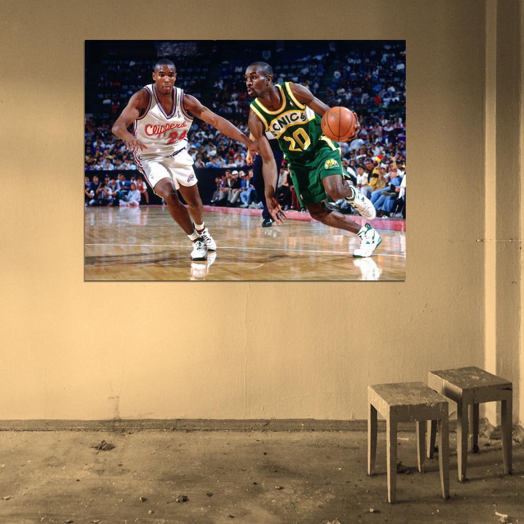Gary Payton Dribbling Retro Basketball Sport Wall Art Print Poster