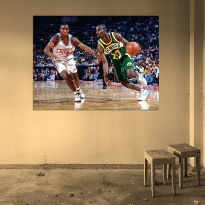 Gary Payton Dribbling Retro Basketball Sport Wall Art Print Poster