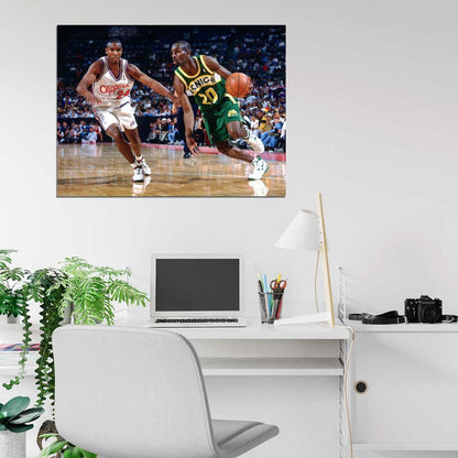 Gary Payton Dribbling Retro Basketball Sport Wall Art Print Poster