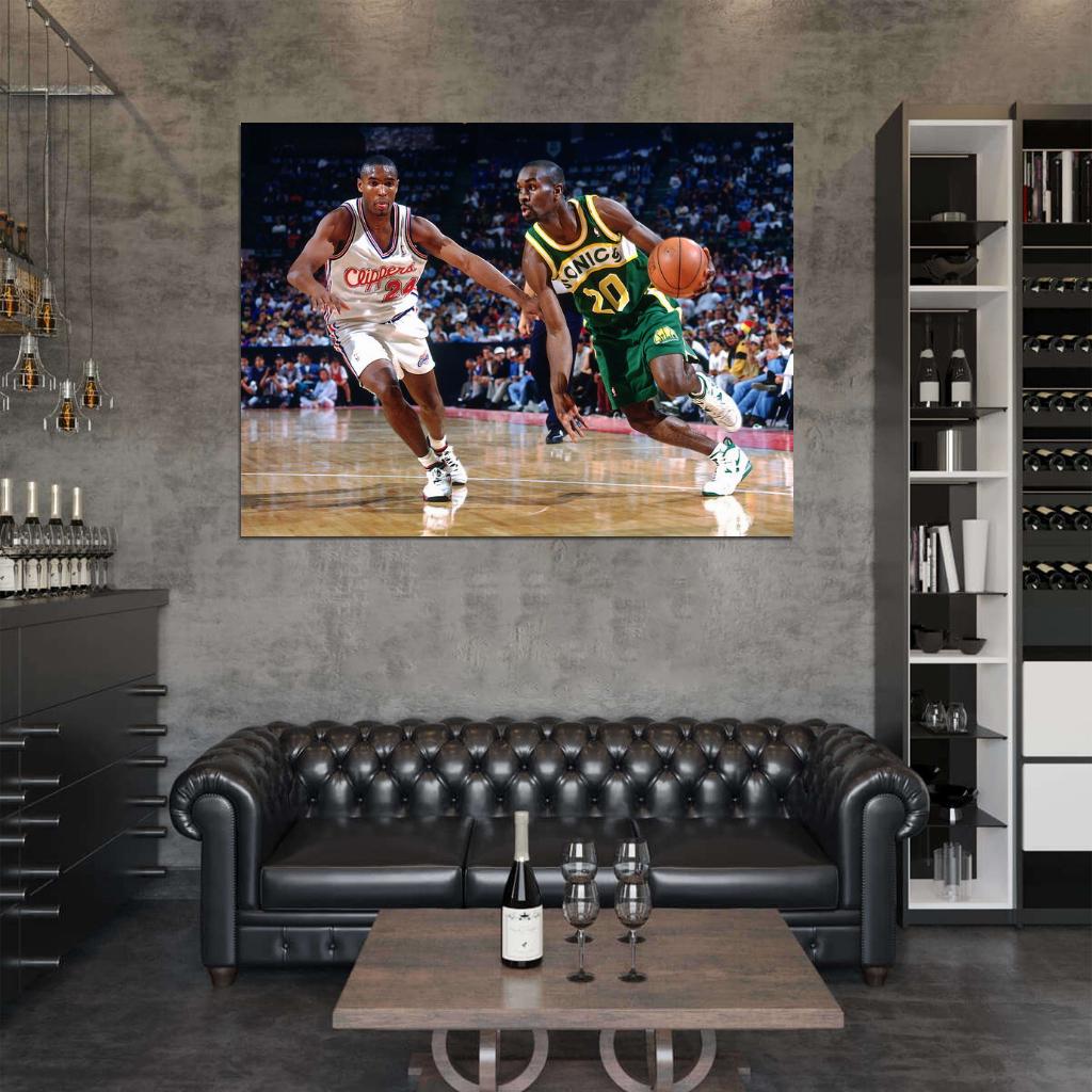 Gary Payton Dribbling Retro Basketball Sport Wall Art Print Poster