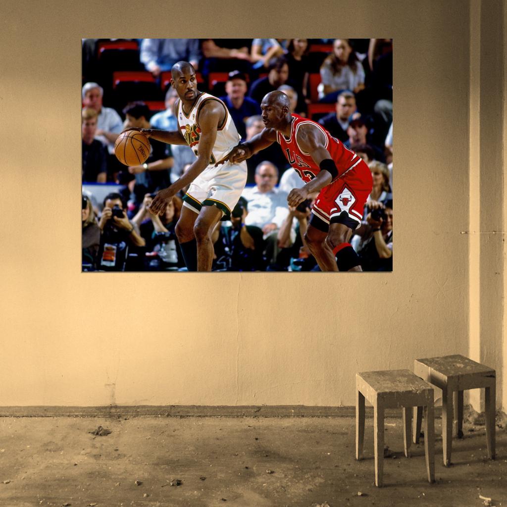 Gary Payton vs Michael Jordan Seattle Chicago Retro Basketball Sport Wall Art Print Poster