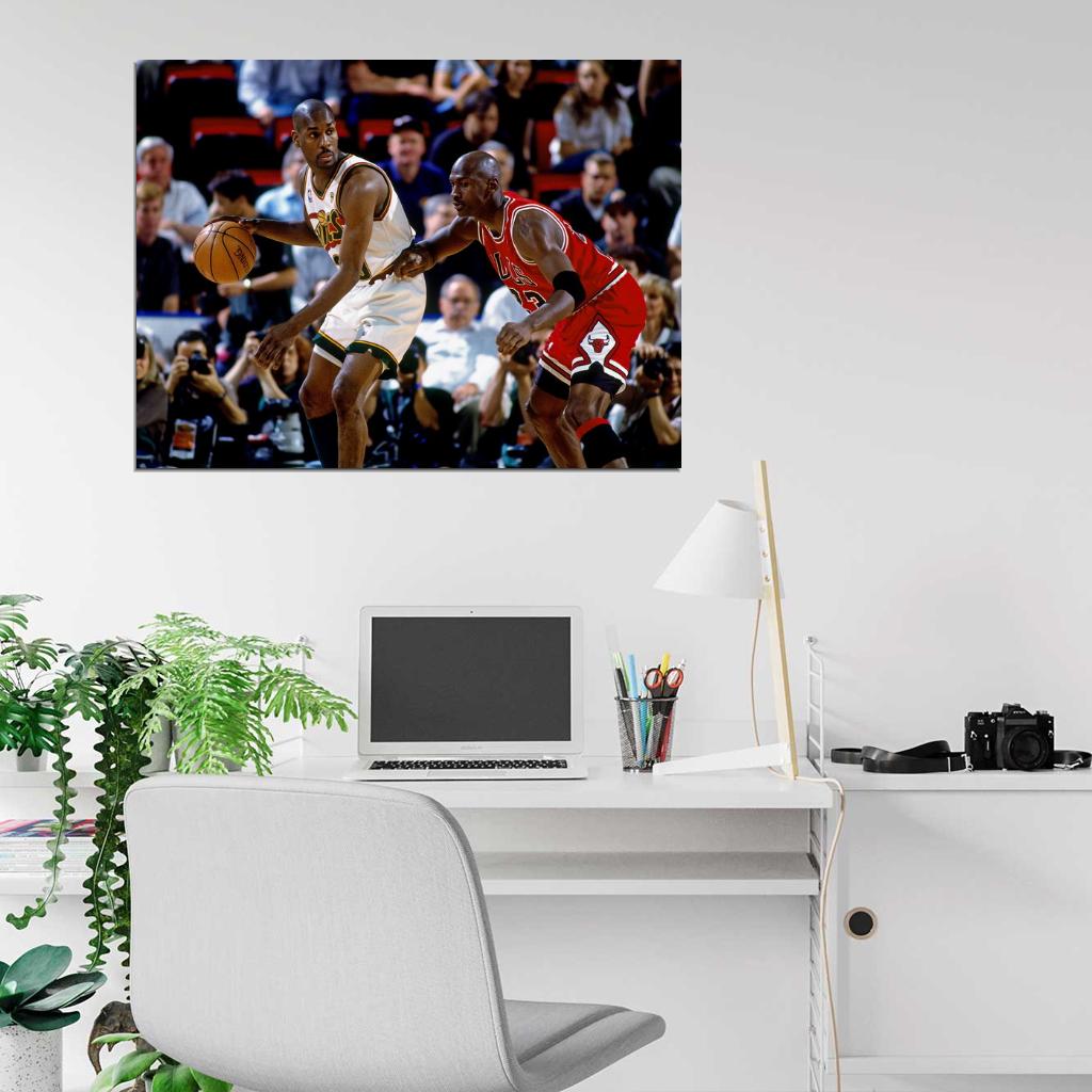 Gary Payton vs Michael Jordan Seattle Chicago Retro Basketball Sport Wall Art Print Poster