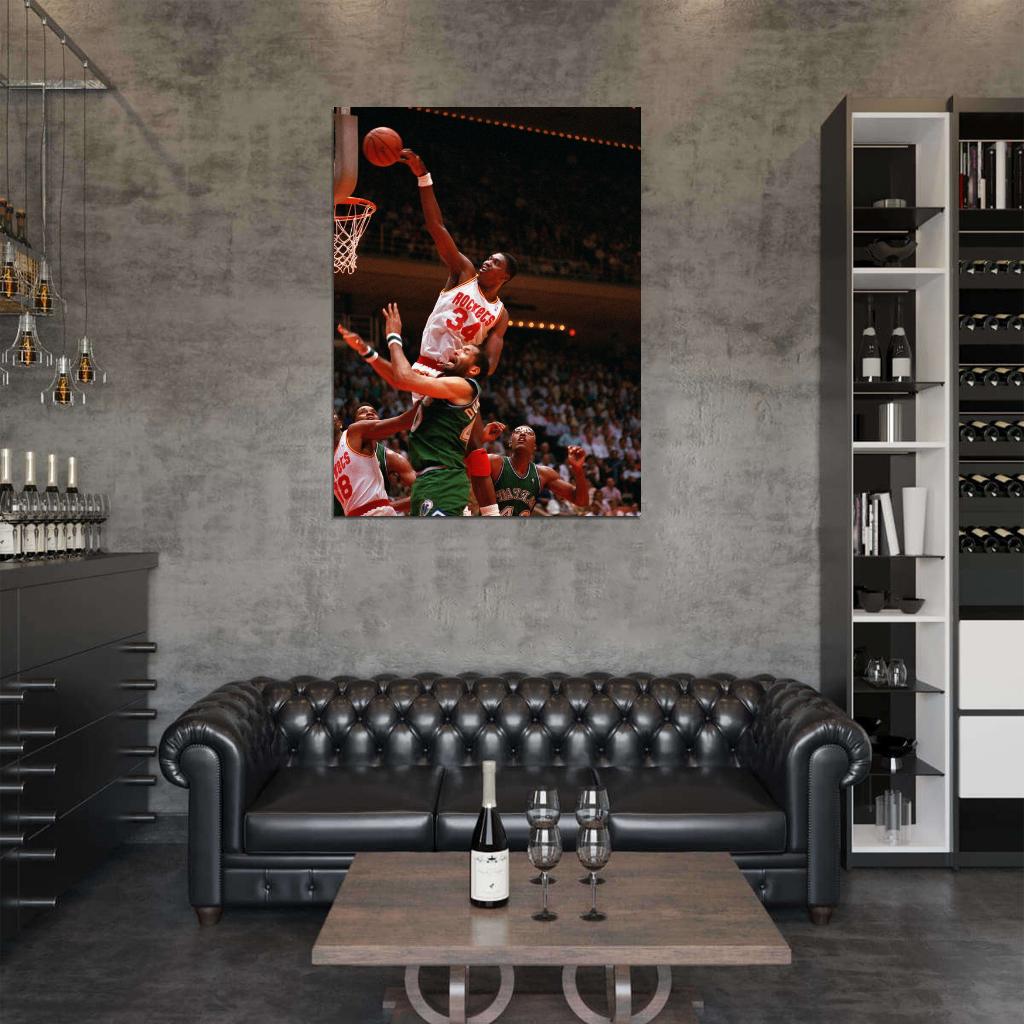 Hakeem Olajuwon Dunk The Dream Retro Vintage Basketball Sport Wall Art Print Poster