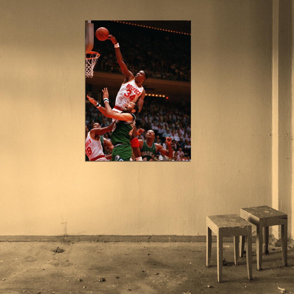 Hakeem Olajuwon Dunk The Dream Retro Vintage Basketball Sport Wall Art Print Poster
