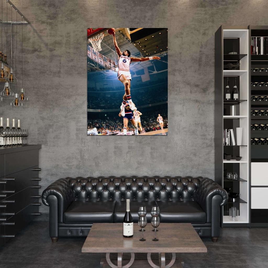 Julius Erving Slam Dunk Sixers Philadelphia Retro Vintage Basketball Sport Wall Art Print Poster