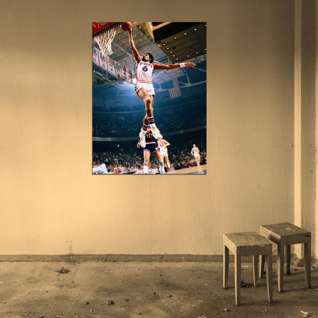 Julius Erving Slam Dunk Sixers Philadelphia Retro Vintage Basketball Sport Wall Art Print Poster
