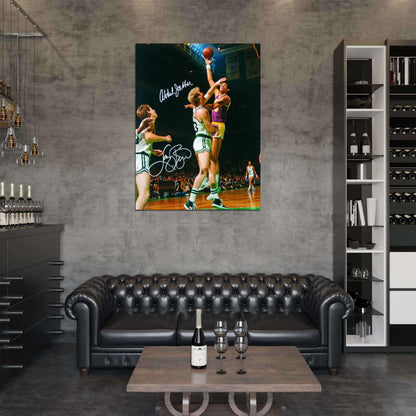Kareem Abdul-Jabbar vs Larry Bird Boston Sky Hook Shot Retro Vintage Signature Basketball Sport Wall Art Print Poster