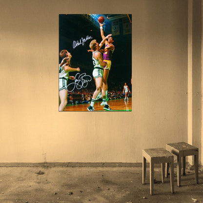 Kareem Abdul-Jabbar vs Larry Bird Boston Sky Hook Shot Retro Vintage Signature Basketball Sport Wall Art Print Poster