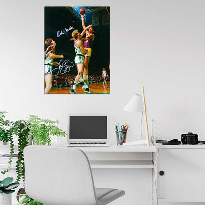 Kareem Abdul-Jabbar vs Larry Bird Boston Sky Hook Shot Retro Vintage Signature Basketball Sport Wall Art Print Poster