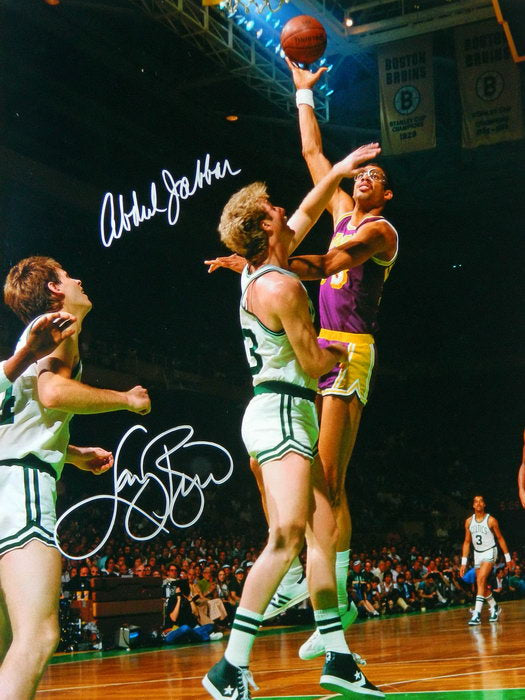 Kareem Abdul-Jabbar vs Larry Bird Boston Sky Hook Shot Retro Vintage Signature Basketball Sport Wall Art Print Poster