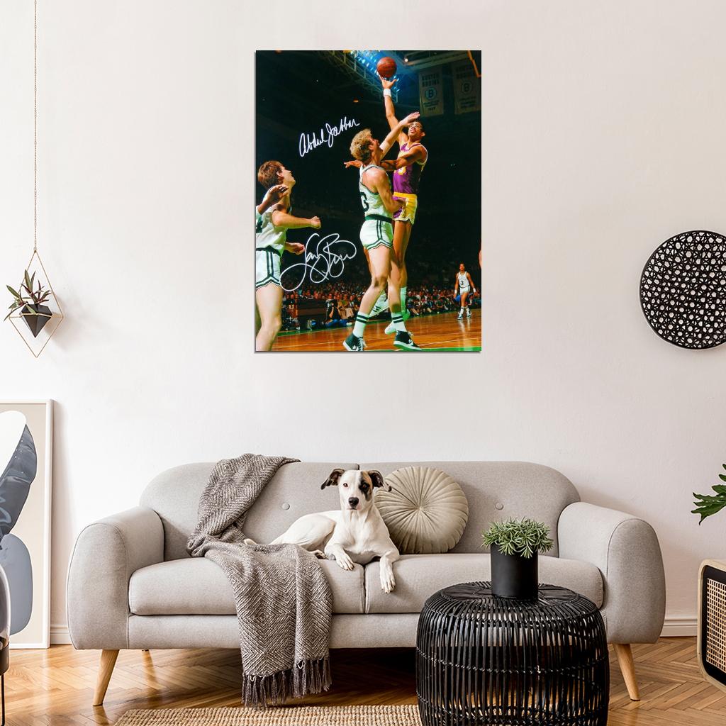 Kareem Abdul-Jabbar vs Larry Bird Boston Sky Hook Shot Retro Vintage Signature Basketball Sport Wall Art Print Poster
