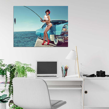 Fishing Girl Hot Sexy Babe Woman Car Miss Tuning Wall Art Print Poster
