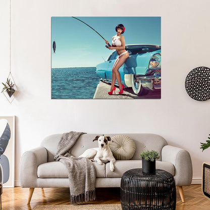 Fishing Girl Hot Sexy Babe Woman Car Miss Tuning Wall Art Print Poster