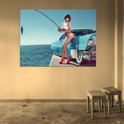 Fishing Girl Hot Sexy Babe Woman Car Miss Tuning Wall Art Print Poster