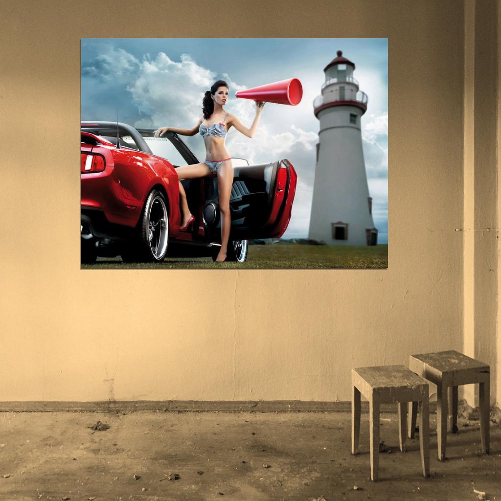 Beautiful Girl Lighthouse Hot Sexy Babe Woman Car Miss Tuning Wall Art Print Poster
