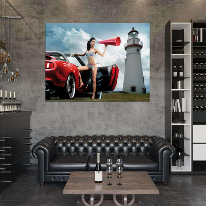 Beautiful Girl Lighthouse Hot Sexy Babe Woman Car Miss Tuning Wall Art Print Poster