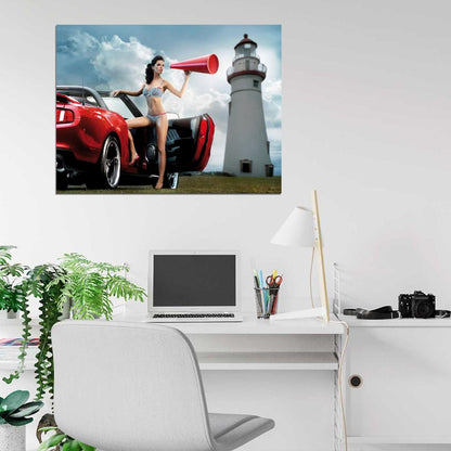 Beautiful Girl Lighthouse Hot Sexy Babe Woman Car Miss Tuning Wall Art Print Poster