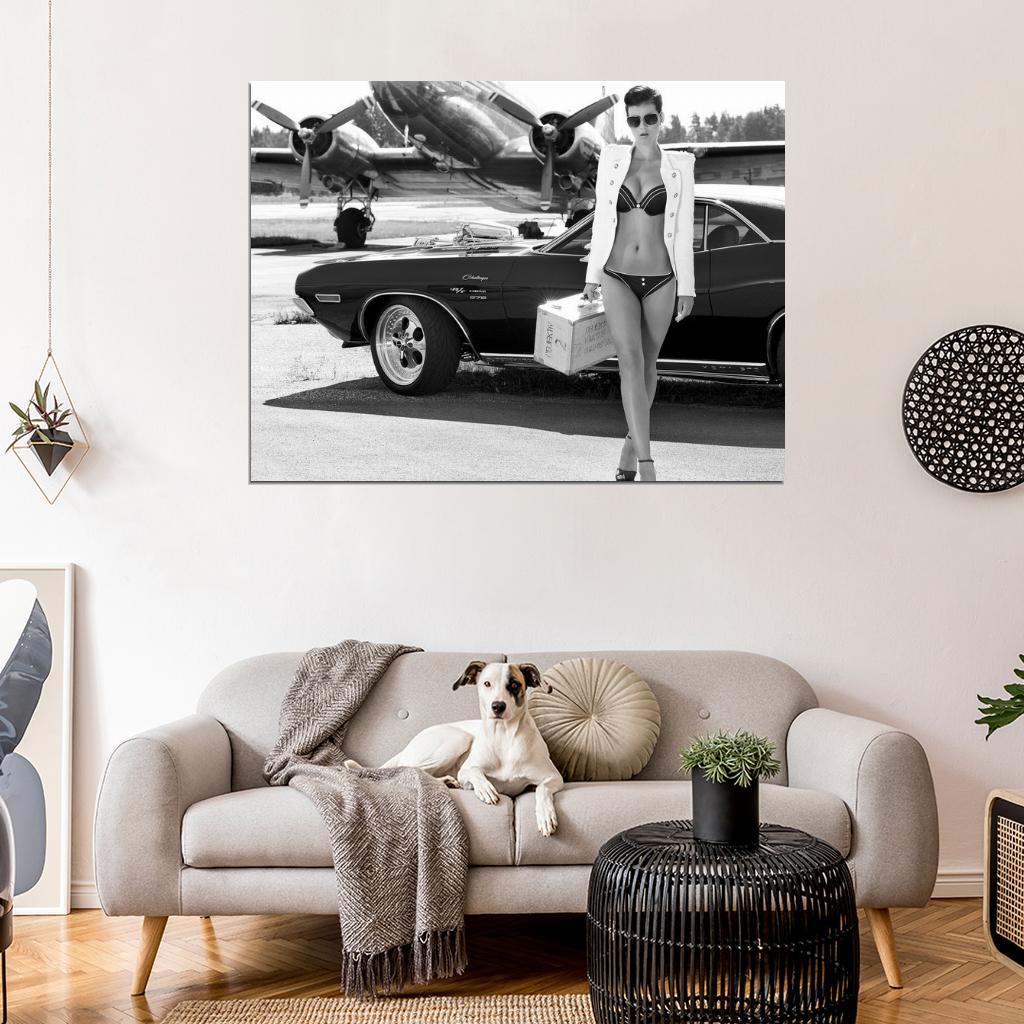 Girl Jacket Challenger Hot Sexy Babe Woman Car Miss Tuning BW Wall Art Print Poster