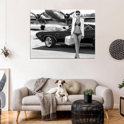 Girl Jacket Challenger Hot Sexy Babe Woman Car Miss Tuning BW Wall Art Print Poster