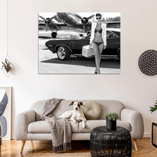 Girl Jacket Challenger Hot Sexy Babe Woman Car Miss Tuning BW Wall Art Print Poster