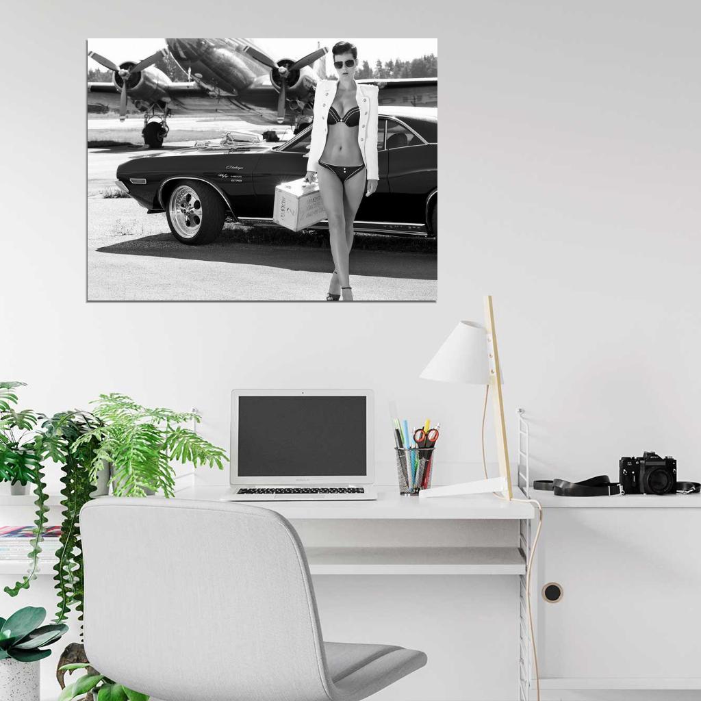 Girl Jacket Challenger Hot Sexy Babe Woman Car Miss Tuning BW Wall Art Print Poster