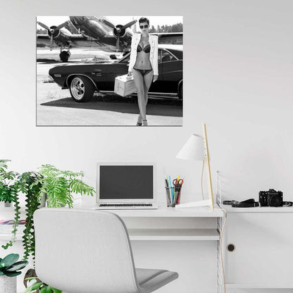 Girl Jacket Challenger Hot Sexy Babe Woman Car Miss Tuning BW Wall Art Print Poster