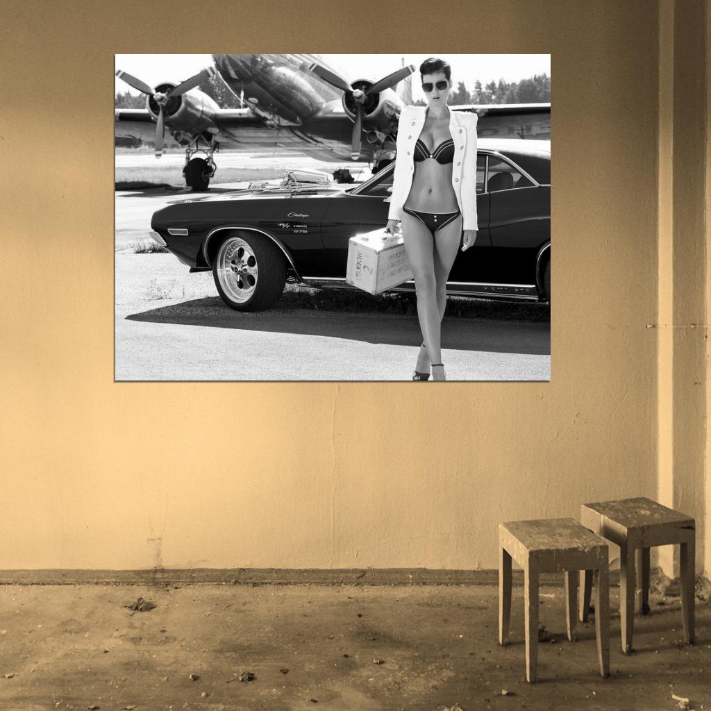 Girl Jacket Challenger Hot Sexy Babe Woman Car Miss Tuning BW Wall Art Print Poster