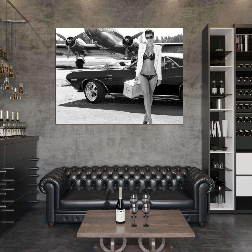 Girl Jacket Challenger Hot Sexy Babe Woman Car Miss Tuning BW Wall Art Print Poster