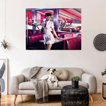 Girl American Waitress Pin-Up Coca Cola Hot Sexy Babe Woman Car Miss Tuning Wall Art Print Poster