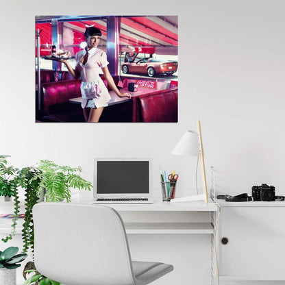 Girl American Waitress Pin-Up Coca Cola Hot Sexy Babe Woman Car Miss Tuning Wall Art Print Poster