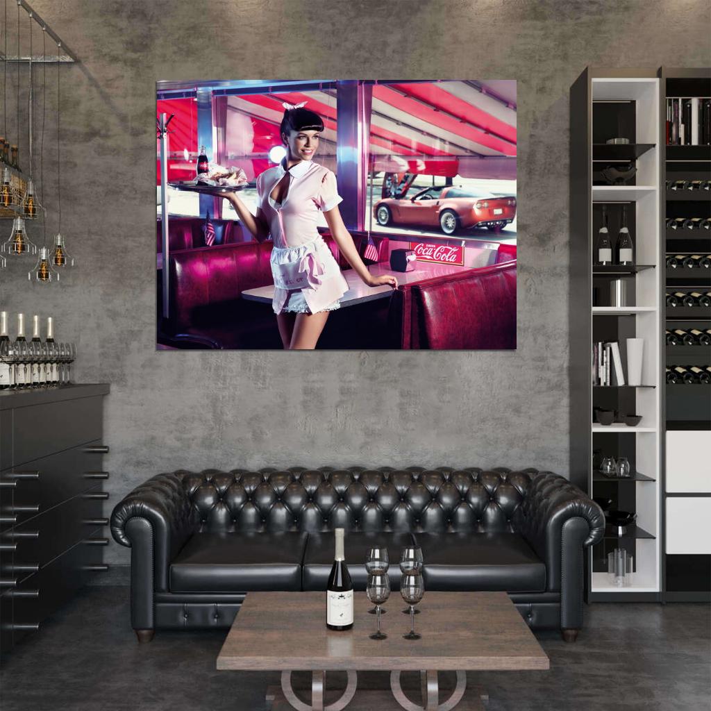 Girl American Waitress Pin-Up Coca Cola Hot Sexy Babe Woman Car Miss Tuning Wall Art Print Poster