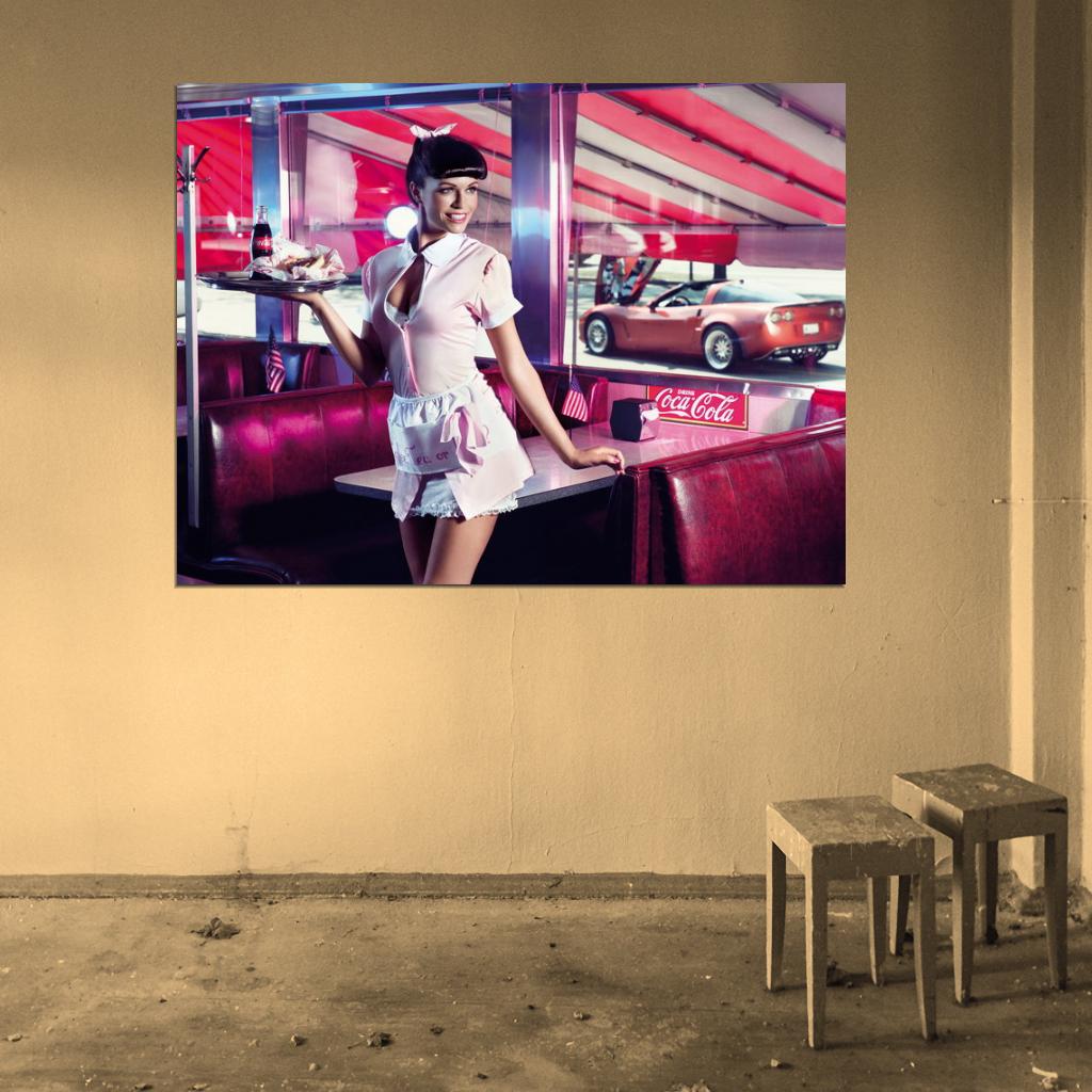 Girl American Waitress Pin-Up Coca Cola Hot Sexy Babe Woman Car Miss Tuning Wall Art Print Poster