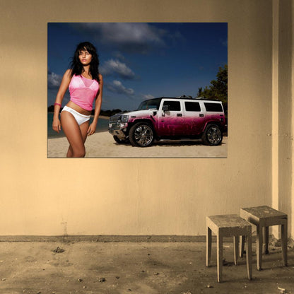 Pink Beach Hot Sexy Babe Woman Car Miss Tuning Wall Art Print Poster
