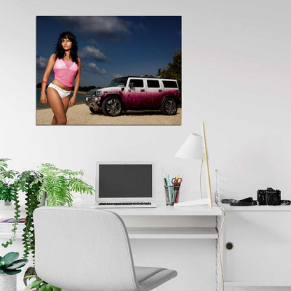 Pink Beach Hot Sexy Babe Woman Car Miss Tuning Wall Art Print Poster