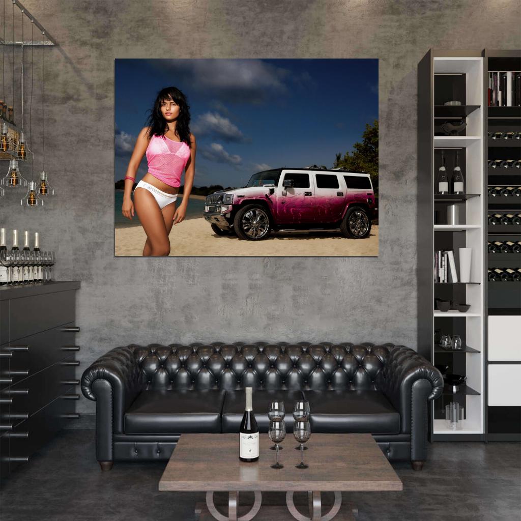 Pink Beach Hot Sexy Babe Woman Car Miss Tuning Wall Art Print Poster
